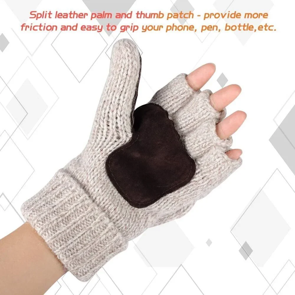 Women's Beige Winter Warm Thermal Insulation Fingerless Texting Wool Gloves
